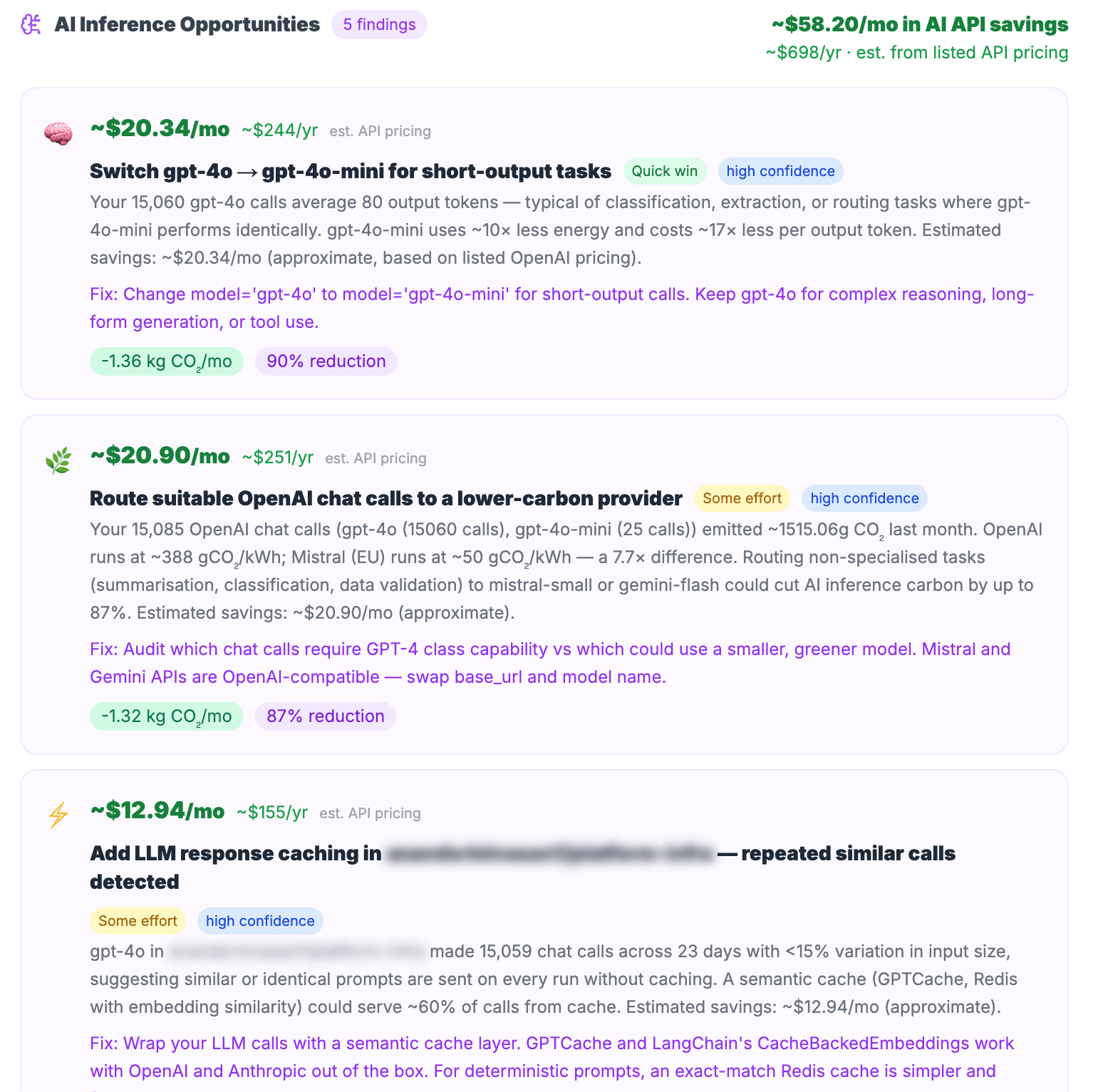 EmitCI AI inference recommendations showing model right-sizing and embedding optimisation opportunities