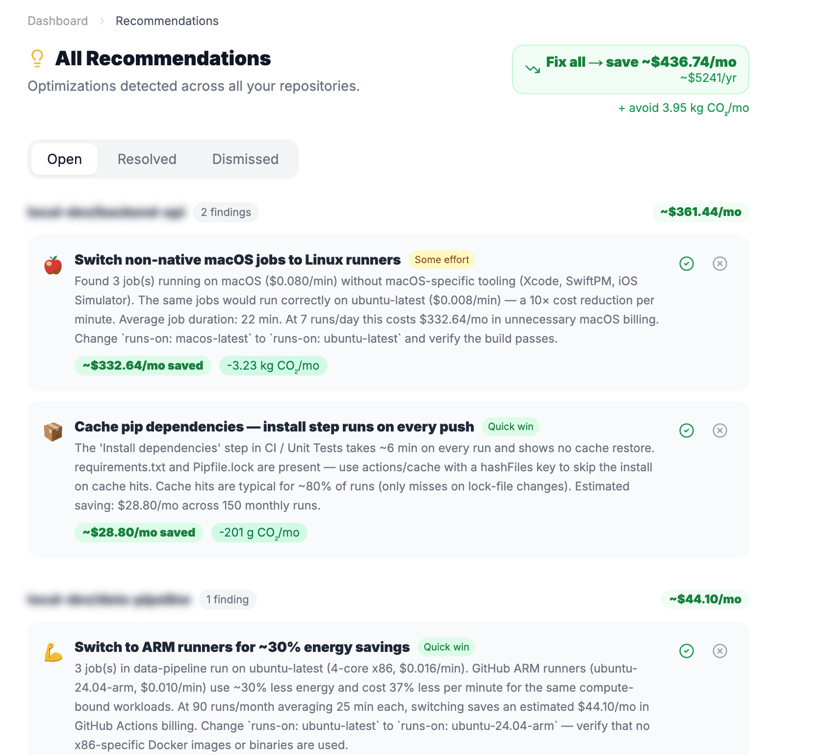 EmitCI recommendations dashboard showing $436/mo in potential savings