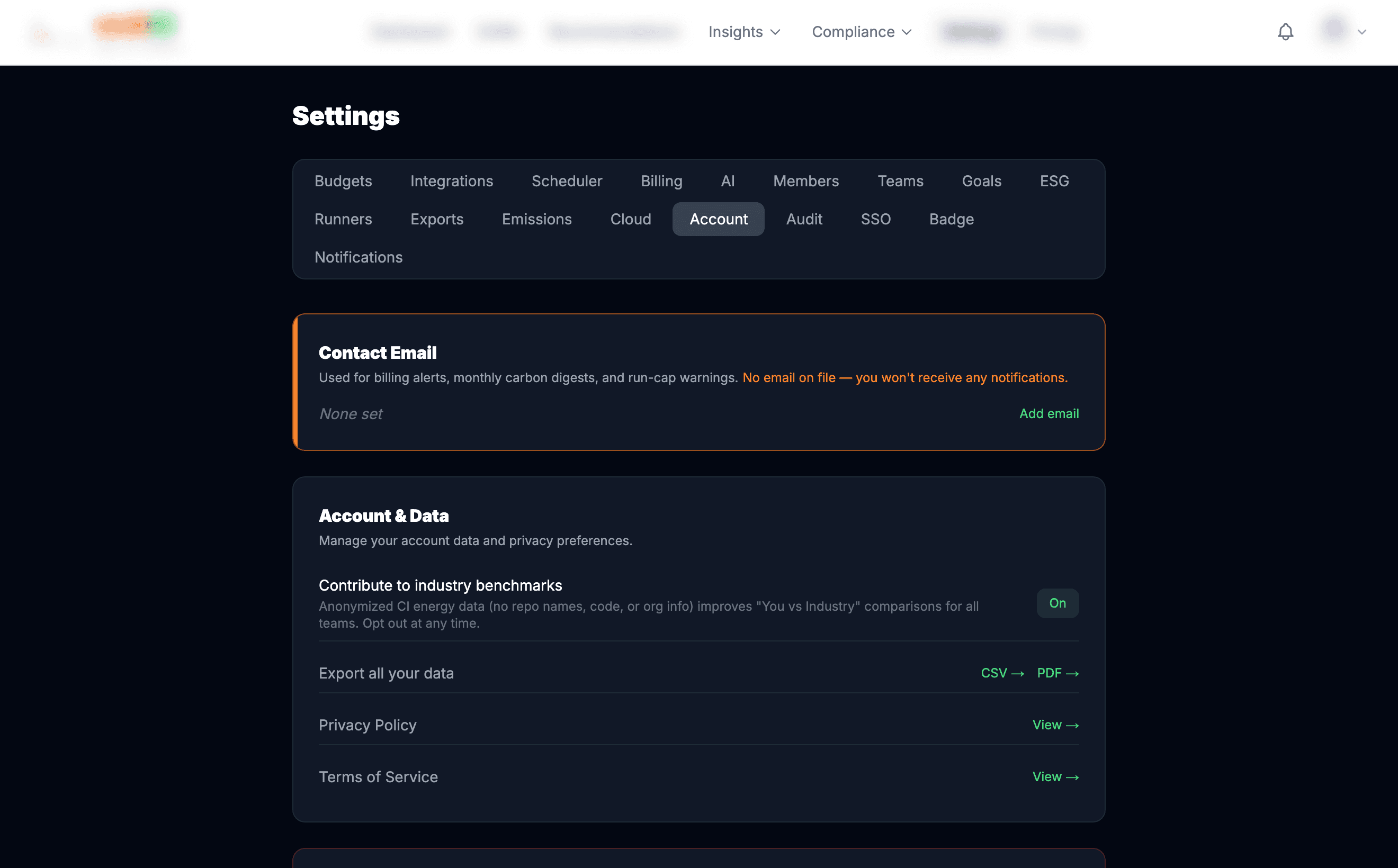 Settings Account tab showing the contact email field