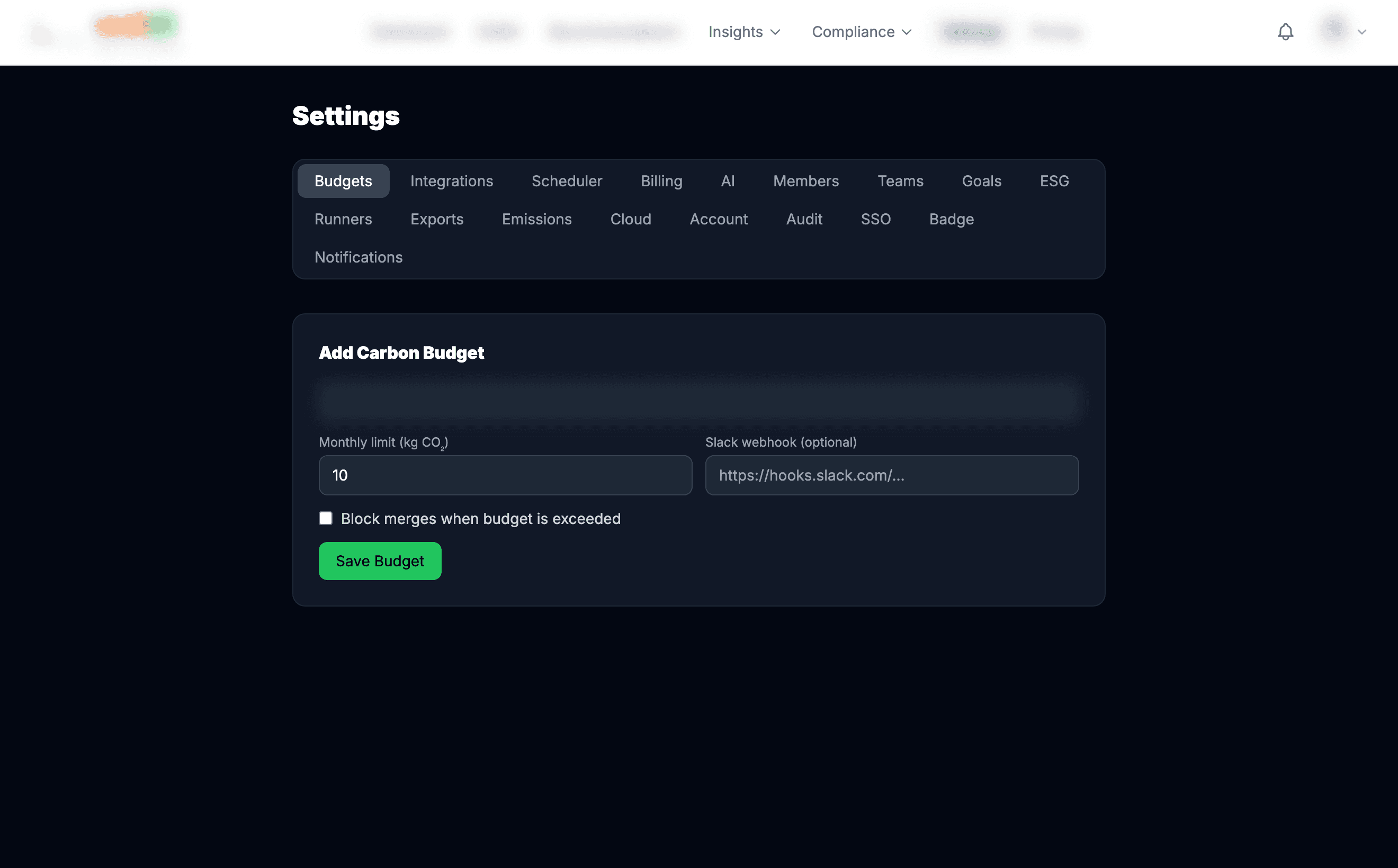 Settings Budgets tab